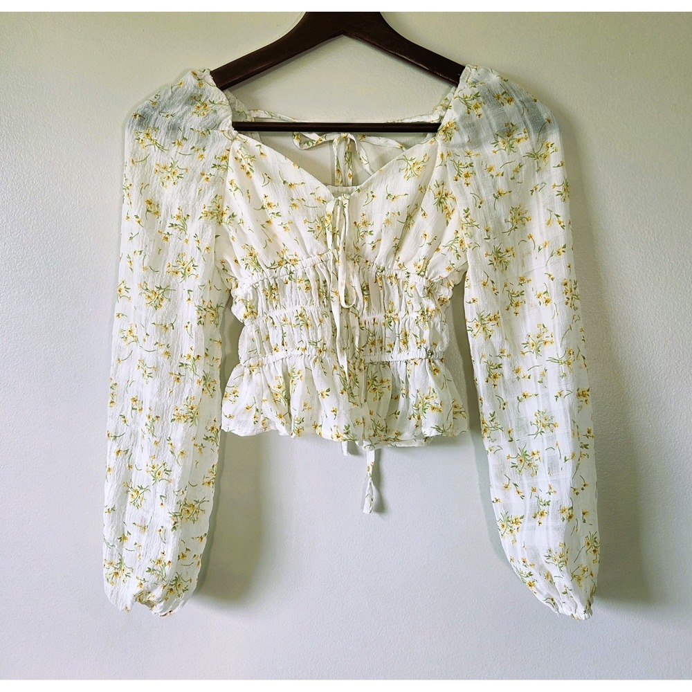 Dizzy Lizzy Sweetheart Floral Smocked Ruffle Crop Top XS Peasant Cottage Fairy